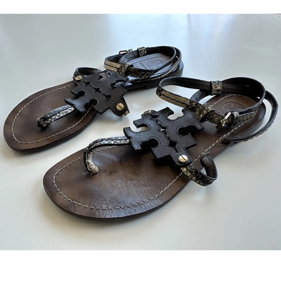 Tory Burch Phoebe Snake-Embossed Logo Flat Sandals Size 6.5 - Picture 4 of 6